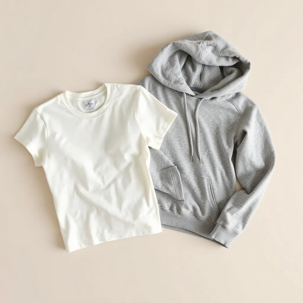 Neatly folded 100% cotton apparel including a T-shirt and hoodie with visible soft fabric texture