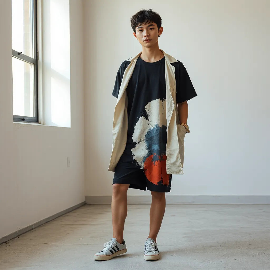 Person wearing dark streetwear with an abstract raw-imagination inspired graphic on a T-shirt and overshirt