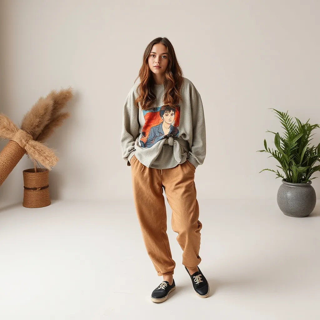 Model wearing coordinated themed artistic clothing with visible wearable artwork in a clean studio setting