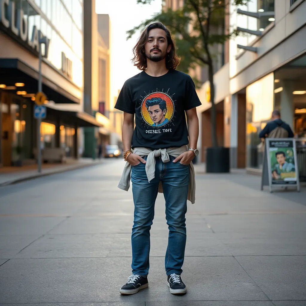 Person wearing a bold artistic graphic tee with jeans and a jacket in a softly lit city street scene