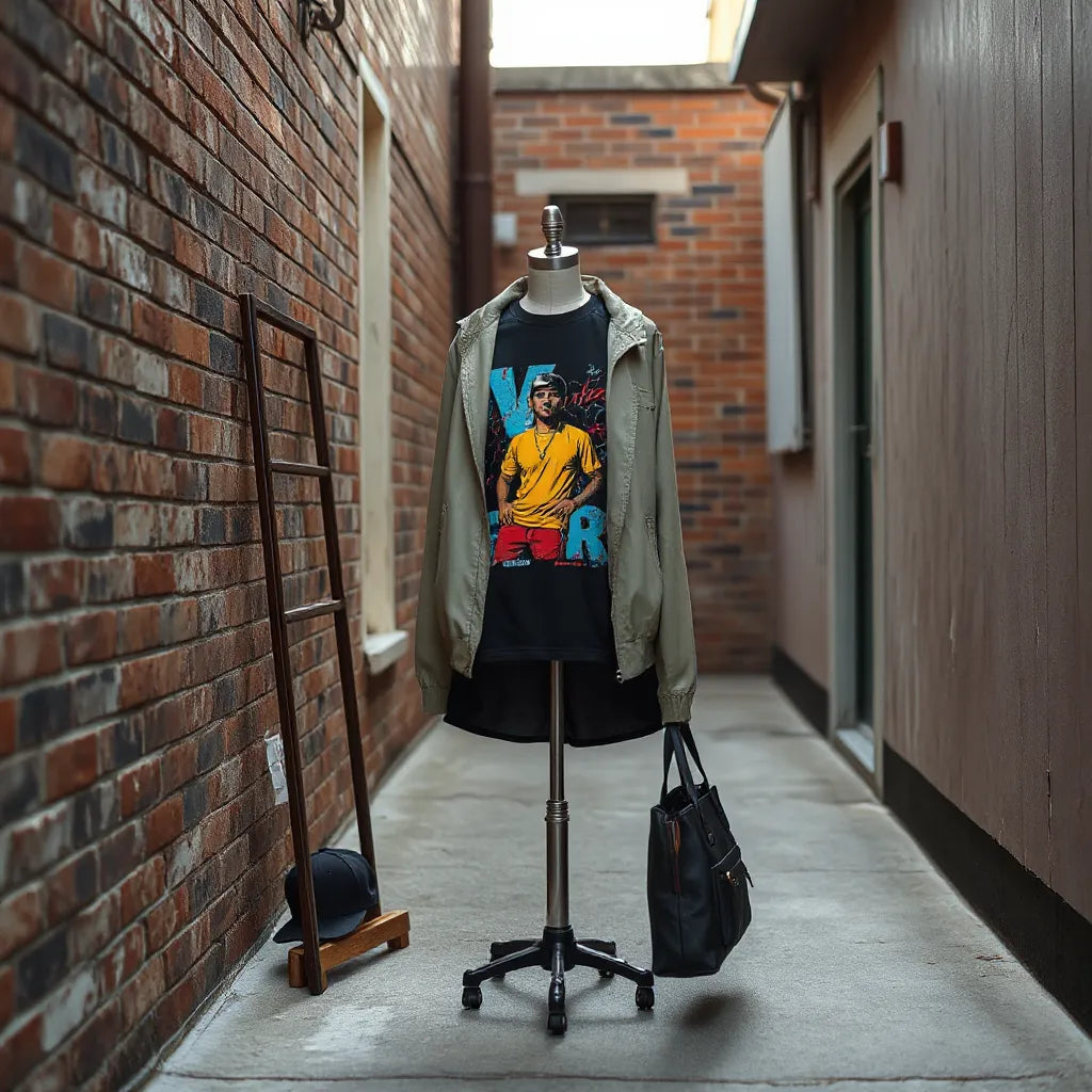 Mannequin in a street-art graphic tee and jacket staged beside an urban wall with minimal accessories