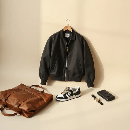 Minimal studio scene with a premium jacket, sneakers, and accessories styled for a limited release article