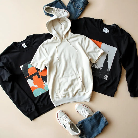 Graphic t-shirt, hoodie, and sweatshirt with bold artwork prints laid out with sneakers and jeans on a clean background