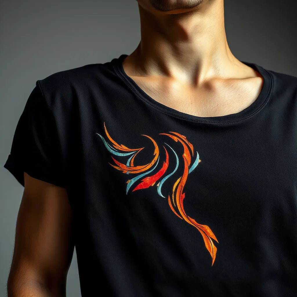Tattoo-style graphic on a black shirt with surreal, high-contrast AI art details on a person’s arm