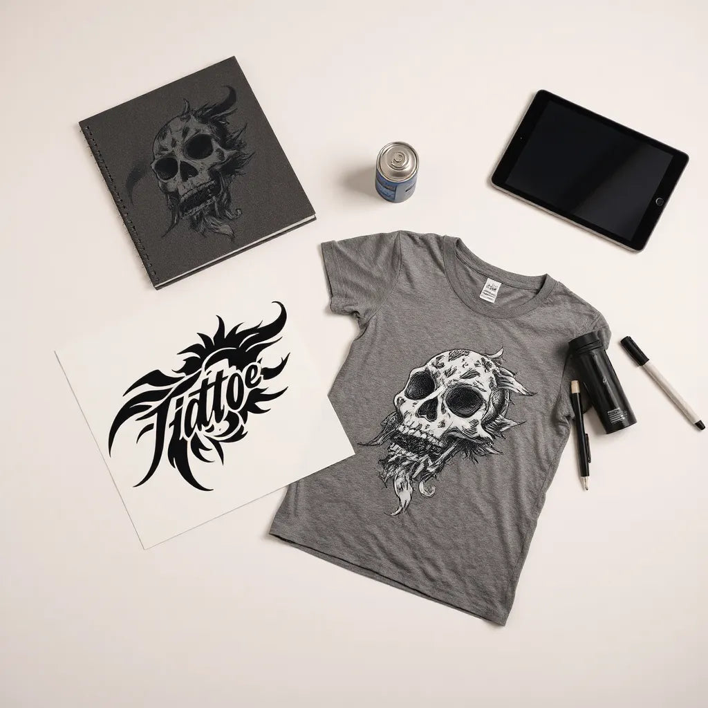 Tattoo-inspired graphic stencil and printed design laid on a clean studio work surface