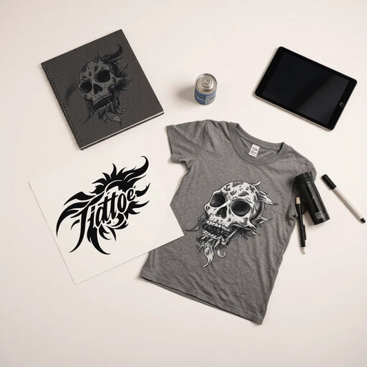 Tattoo-inspired graphic stencil and printed design laid on a clean studio work surface