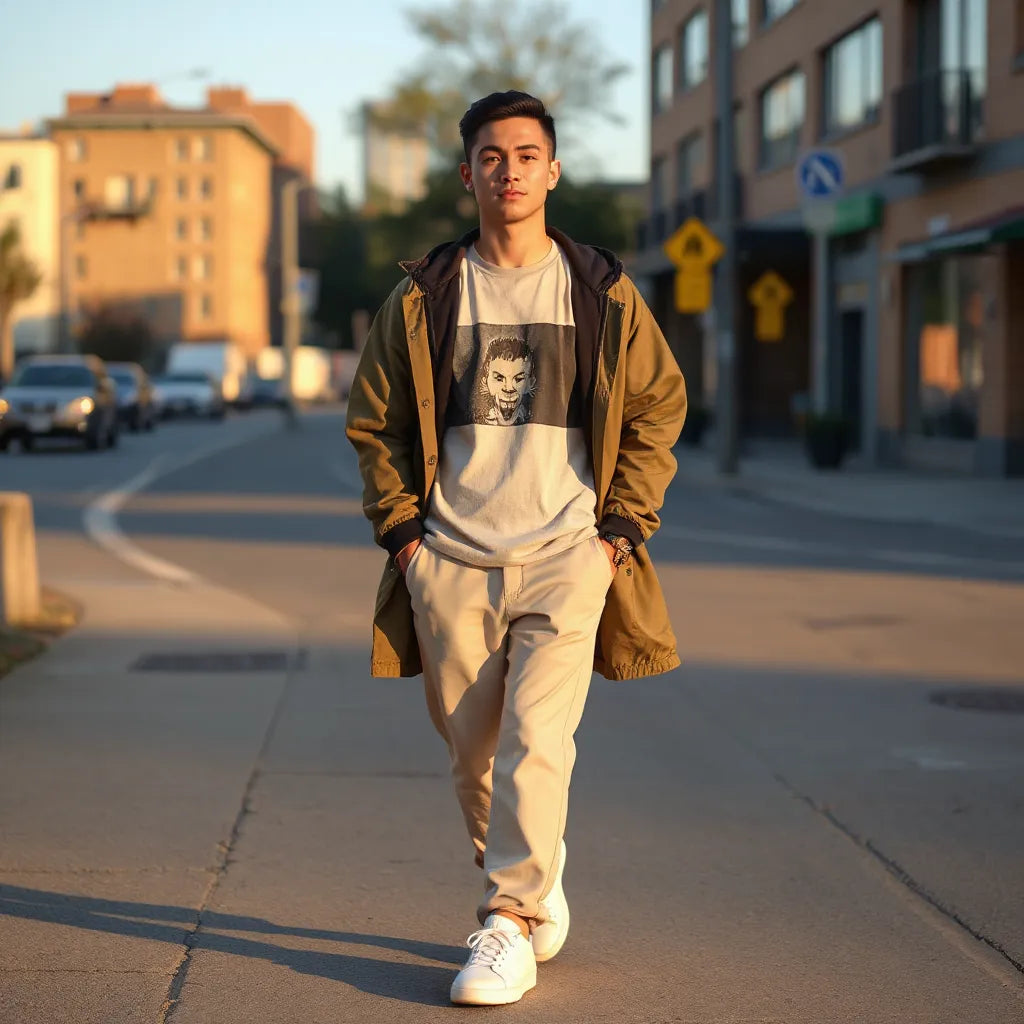 Model in trendy streetwear with layered jacket, oversized tee, and sneakers on an urban sidewalk