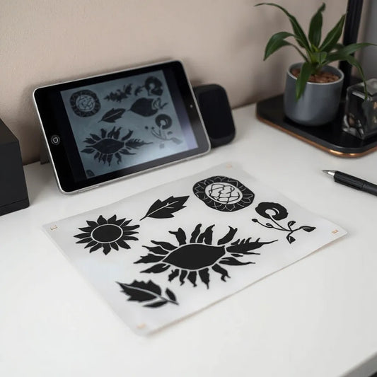 Tattoo stencil and digital tablet showing bold surreal graphic design patterns