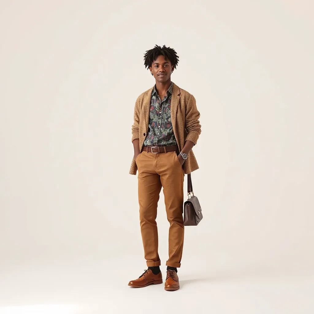Diverse person styling a unique outfit with layered textures, patterns, and accessories in a bright studio
