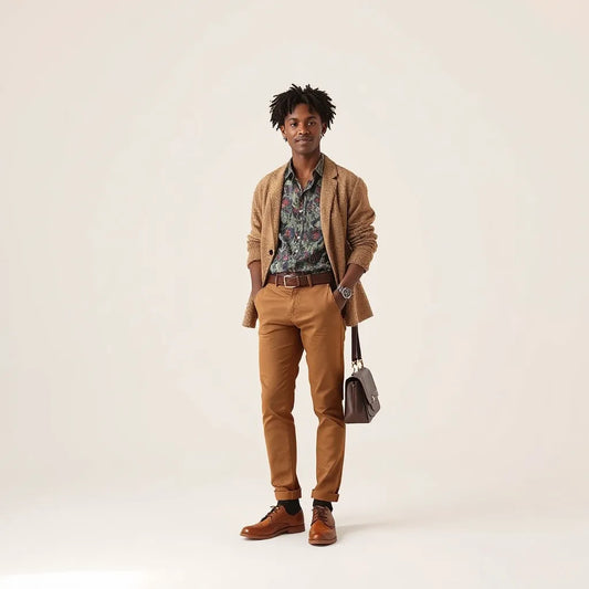 Diverse person styling a unique outfit with layered textures, patterns, and accessories in a bright studio