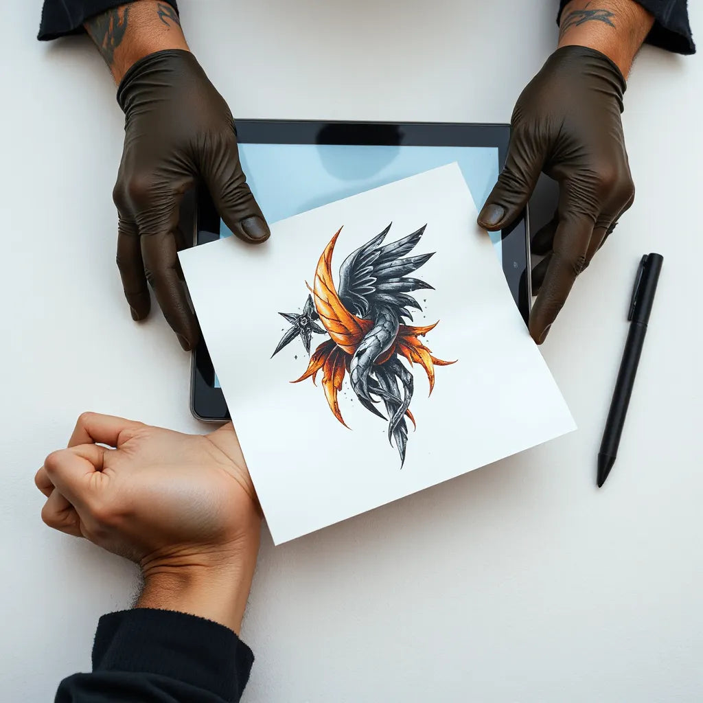 Tattoo artist hands applying a stencil over a forearm with a surreal AI-generated graphic design on a tablet