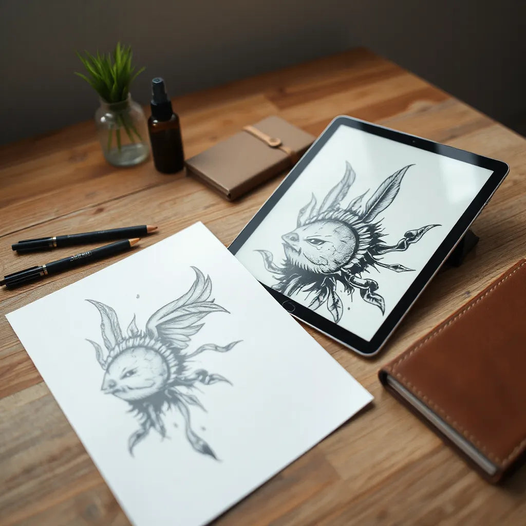 Tattoo stencil and tablet showing bold surreal AI art graphic design on a clean desk