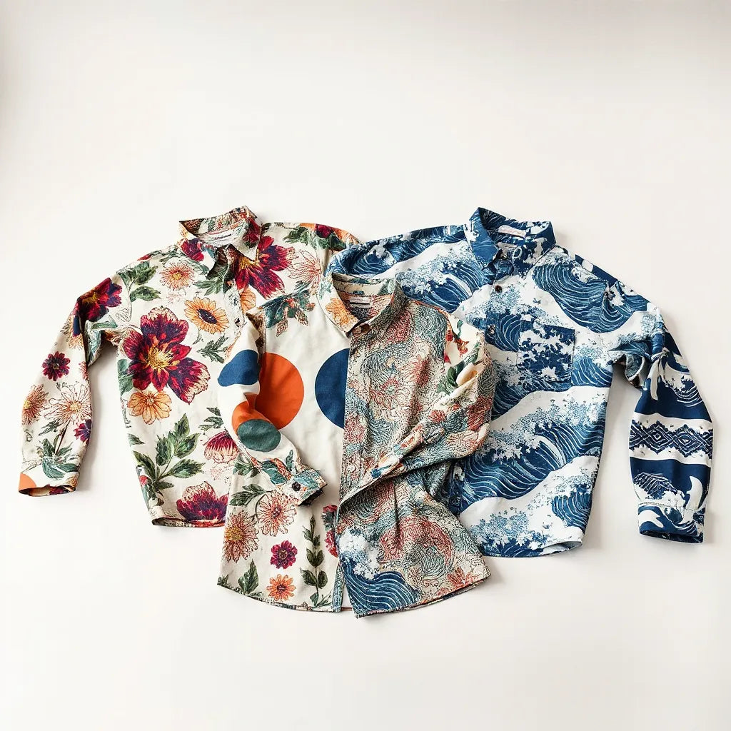 Multiple unique all-over print shirts with full-coverage patterns arranged on a clean studio backdrop