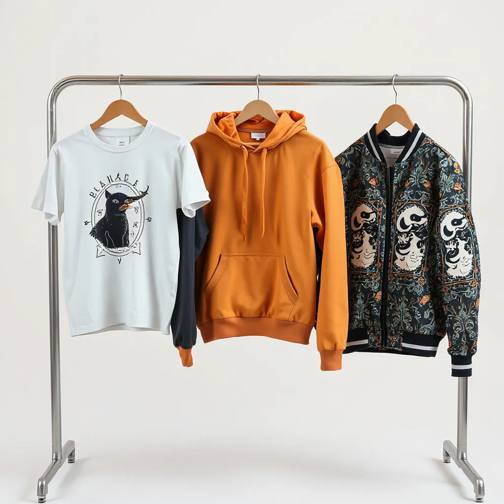Clothing rack with three distinct garments displaying different unique patterns and colors