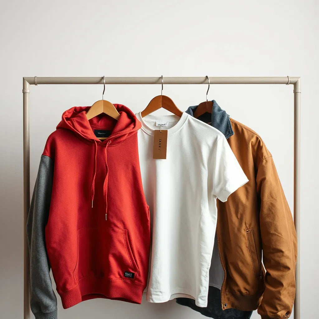 Minimal clothing rack with premium hoodie and t-shirt pieces under soft studio lighting