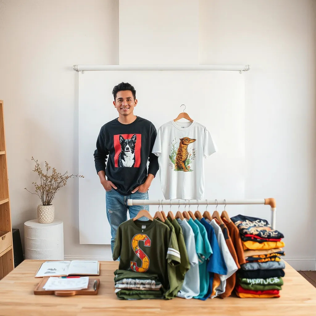 Creative person in an art studio wearing distinctive graphic apparel with sketchbook and colored pencils nearby
