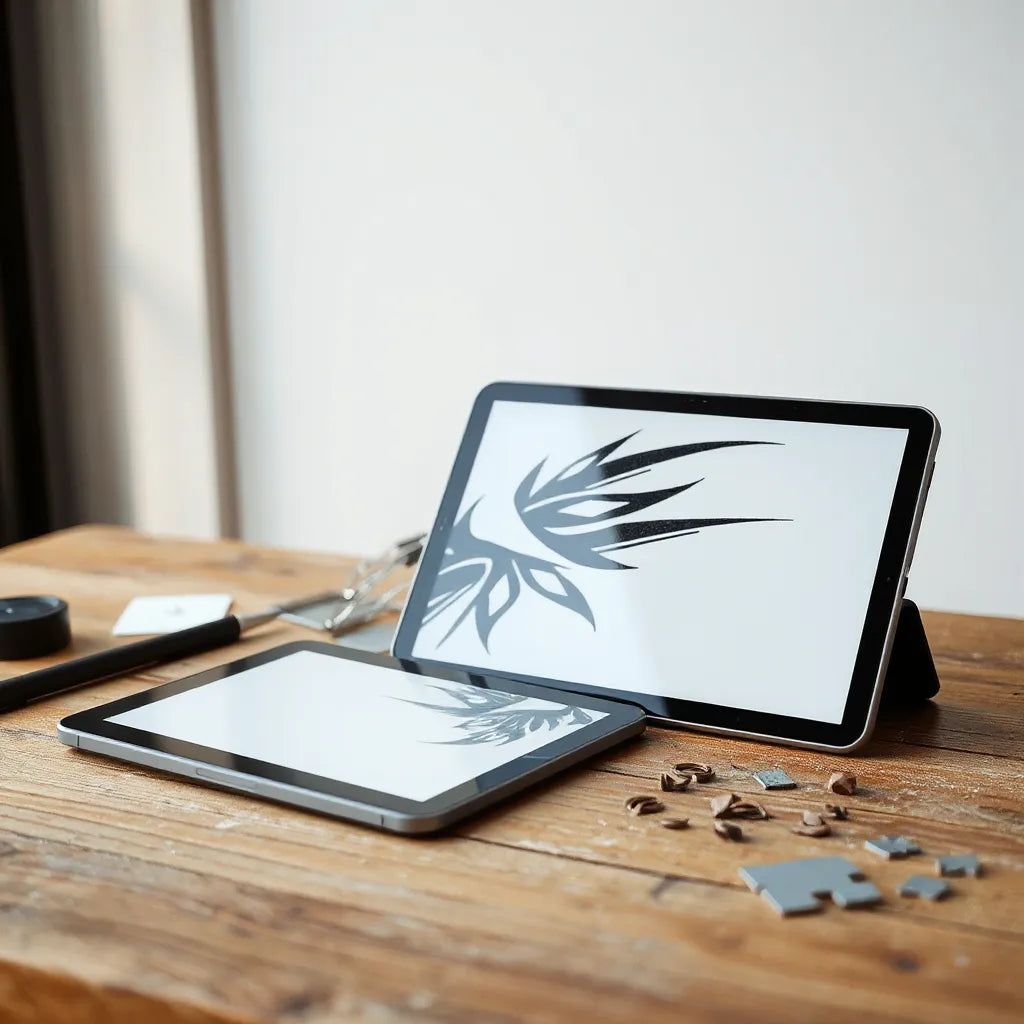 Tattoo stencil and digital tablet showing a bold surreal graphic design with unrealistic ink details