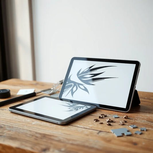 Tattoo stencil and digital tablet showing a bold surreal graphic design with unrealistic ink details