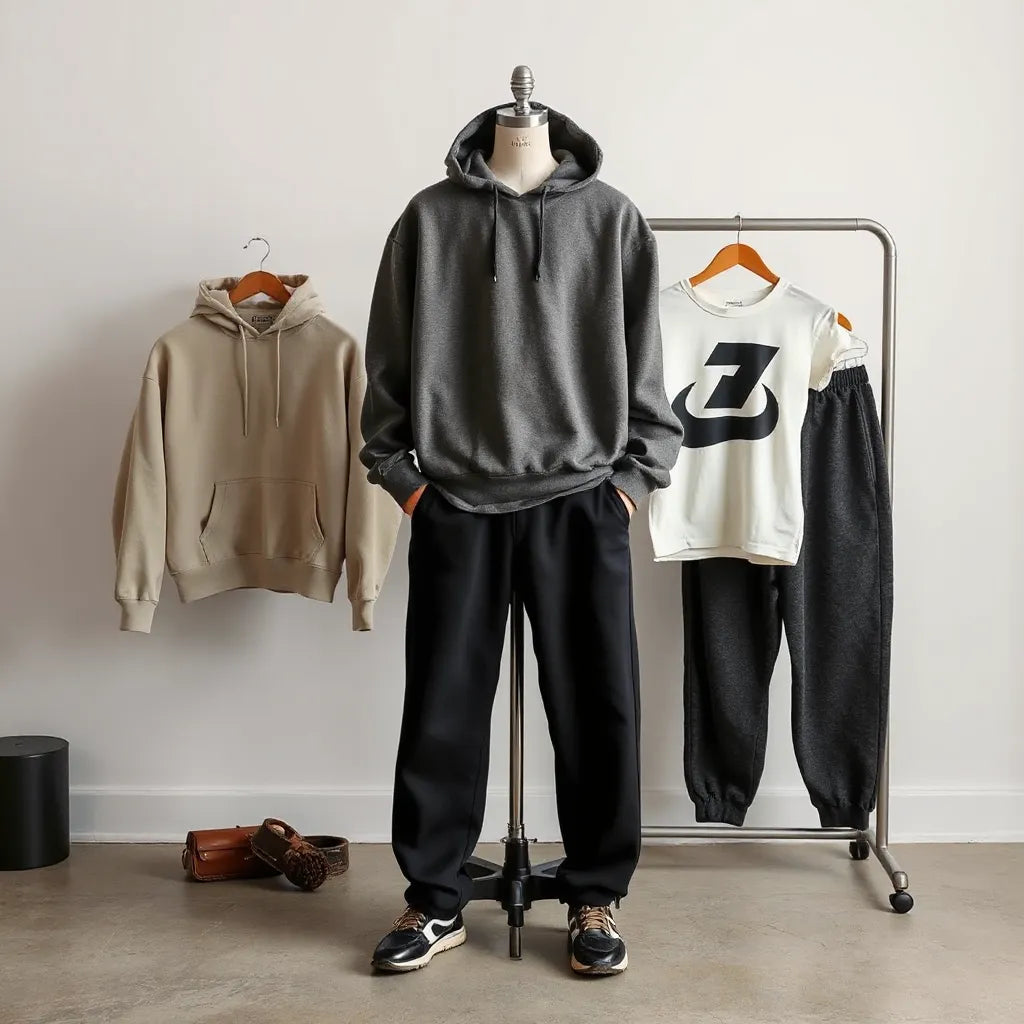 Curated streetwear outfit set with hoodie, graphic tee, and joggers on a minimalist studio backdrop