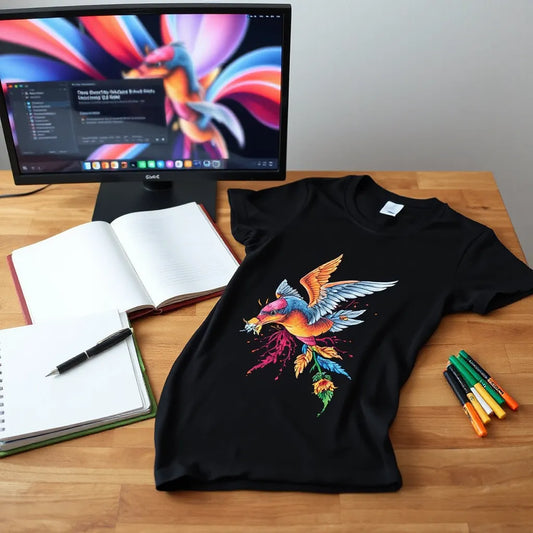 Folded black t-shirt with a bold surreal tattoo-style graphic design, designer tools on a minimal studio table