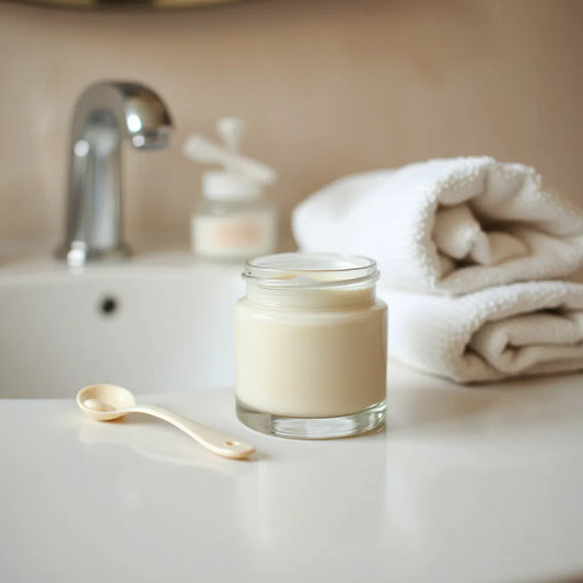 Cream moisturizer in a glass jar on a clean vanity with a towel in soft natural light