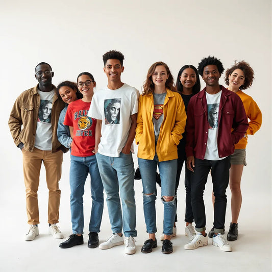 Models in bold, expressive streetwear with layered outfits and colorful graphic clothing in a clean studio setting