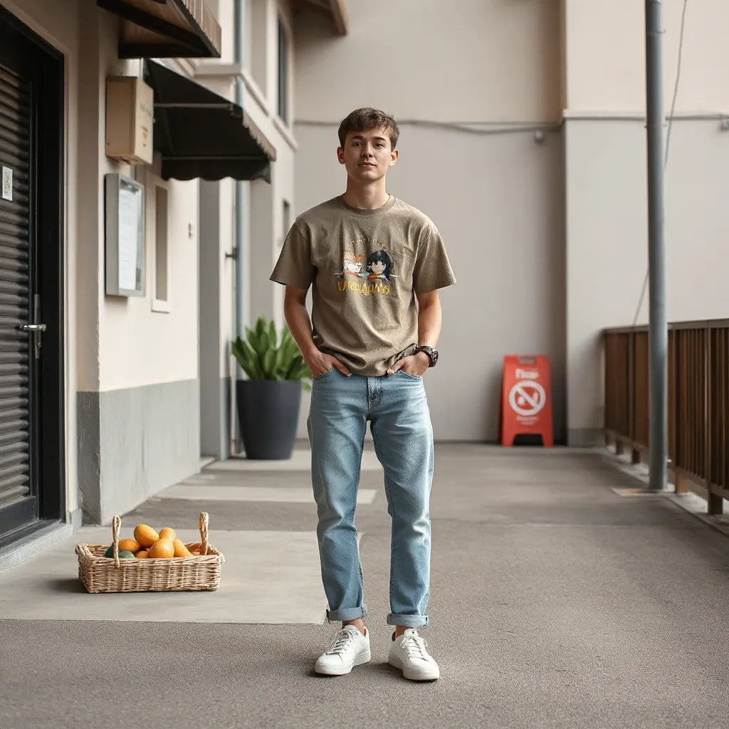 Person wearing a relaxed artistic graphic tee with jeans and sneakers in a softly lit urban setting