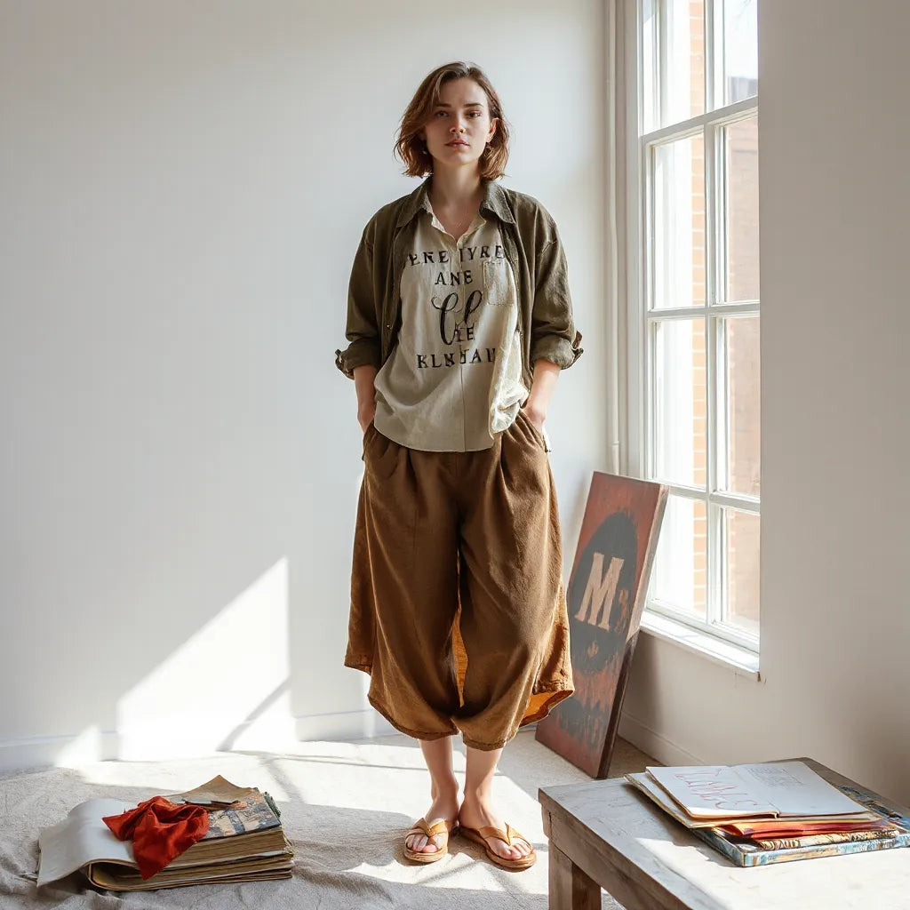 Creative outfit with subtle artwork near a sunlit studio window, with art supplies and fabric swatches in the background.