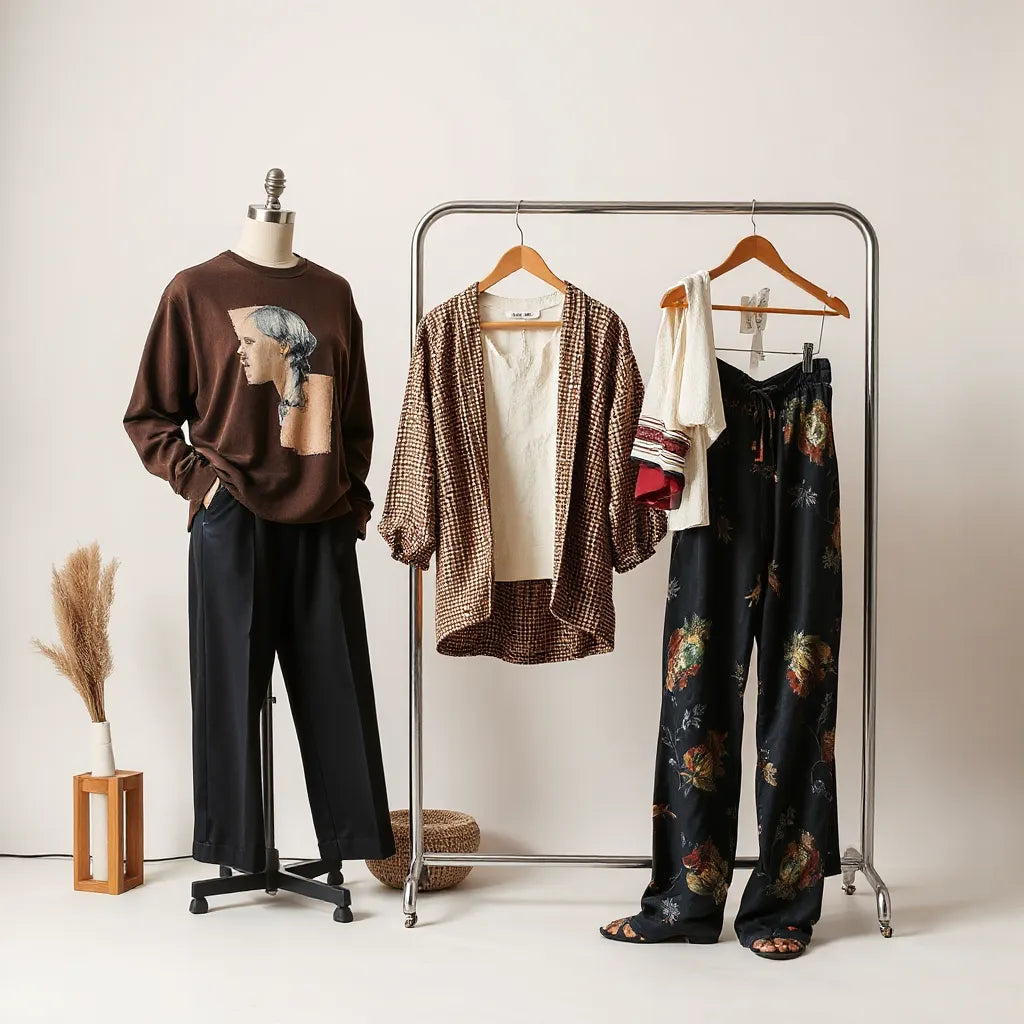 Mannequin dressed in art-inspired graphic clothing with a styled rack of wearable outfits