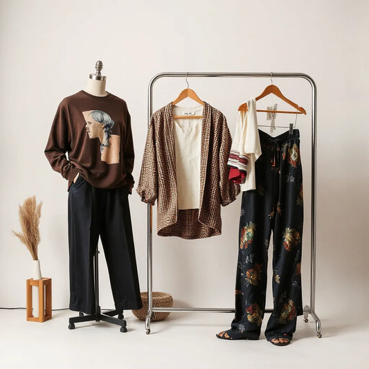 Mannequin dressed in art-inspired graphic clothing with a styled rack of wearable outfits