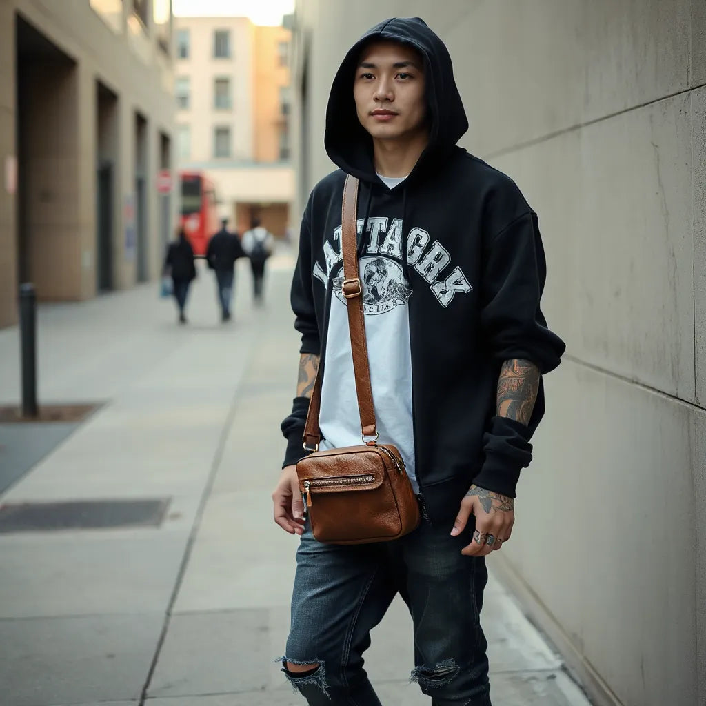Tattooed streetwear look with an oversized graphic hoodie and crossbody bag on an urban sidewalk