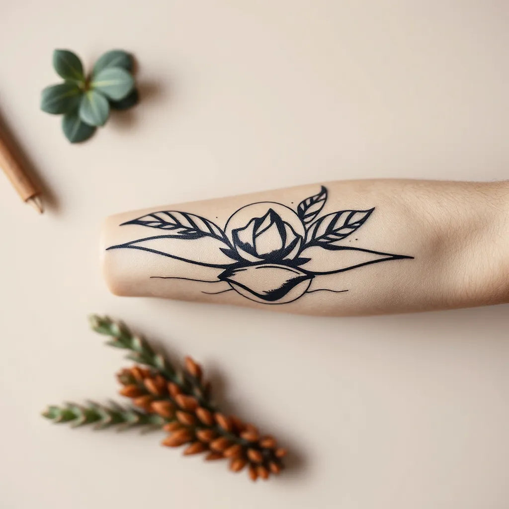 Surreal tattoo stencil mockup with bold graphic linework on an arm sleeve under studio lighting