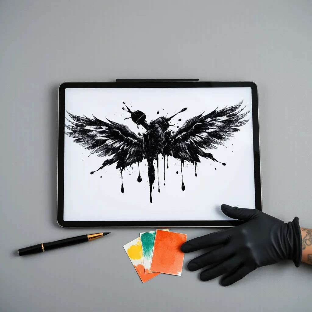 Surreal tattoo graphic design on a digital tablet with ink stencils and ink swatches in a studio setting