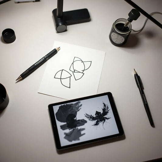 Tattoo artist workstation with bold stencil designs and an AI art preview showing surreal shapes