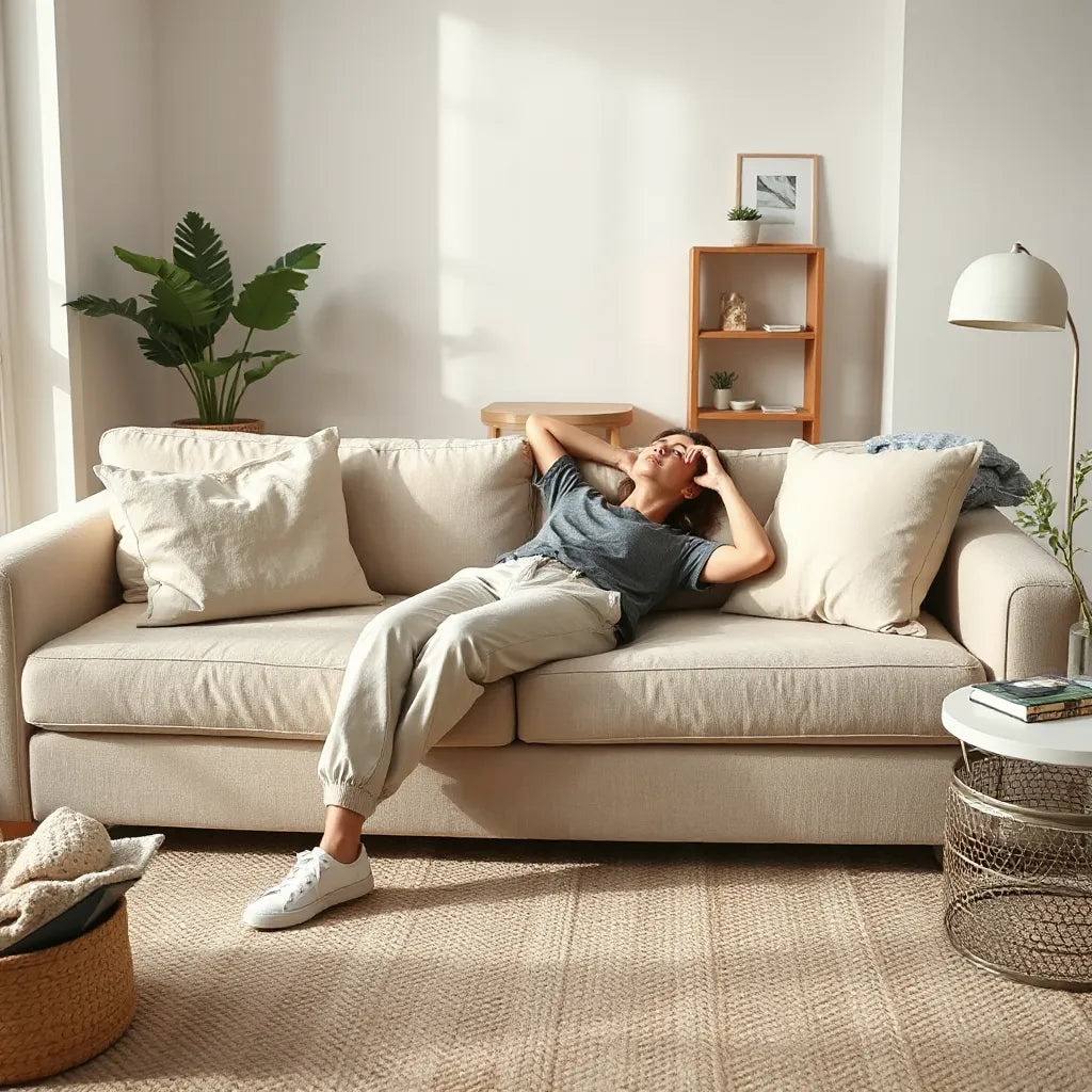 Person wearing a simple, soft t-shirt and relaxed pants in a bright living room for everyday comfort.