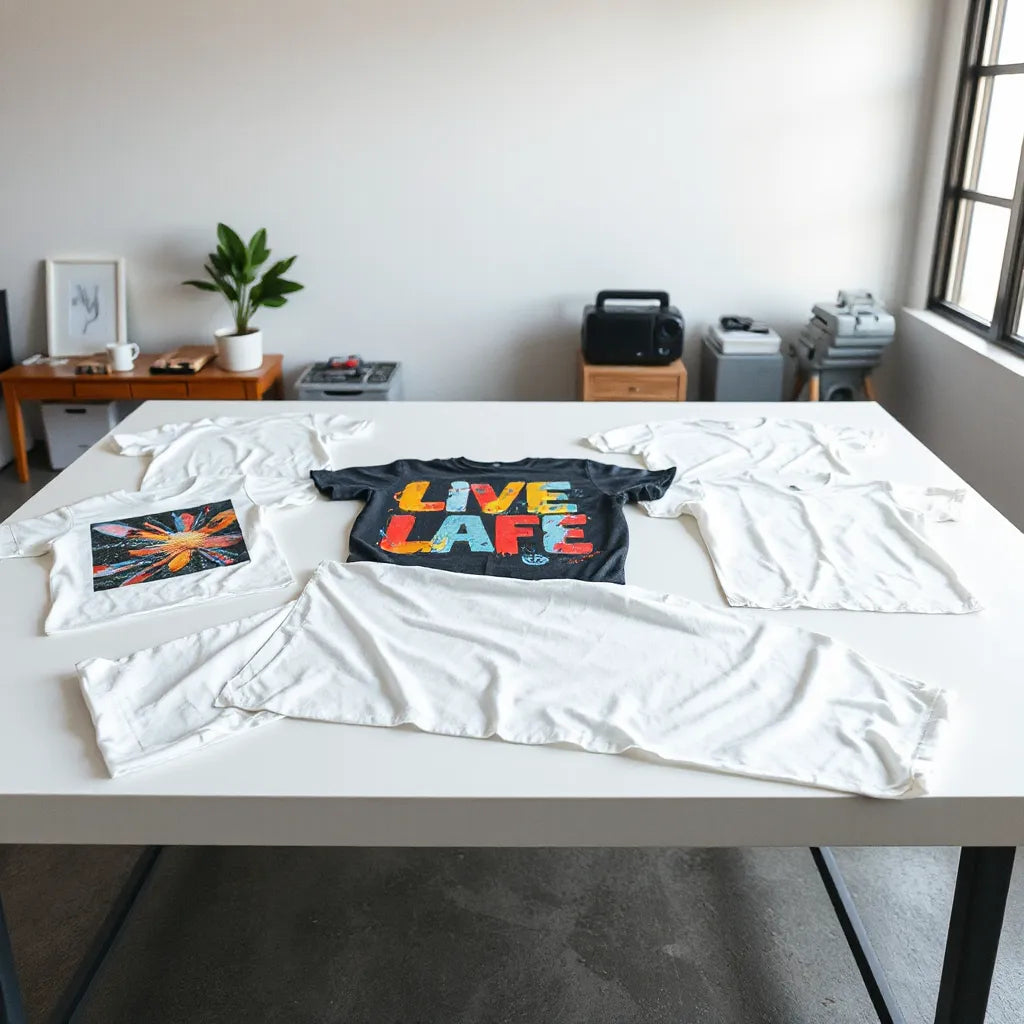 Colorful creative t-shirt prints displayed on shirts in a clean studio setup