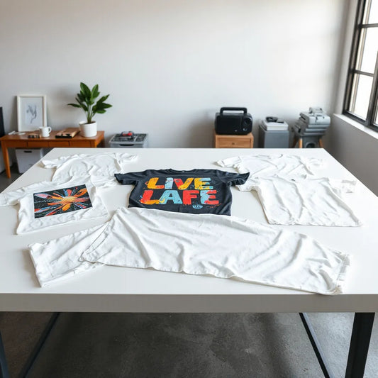 Colorful creative t-shirt prints displayed on shirts in a clean studio setup