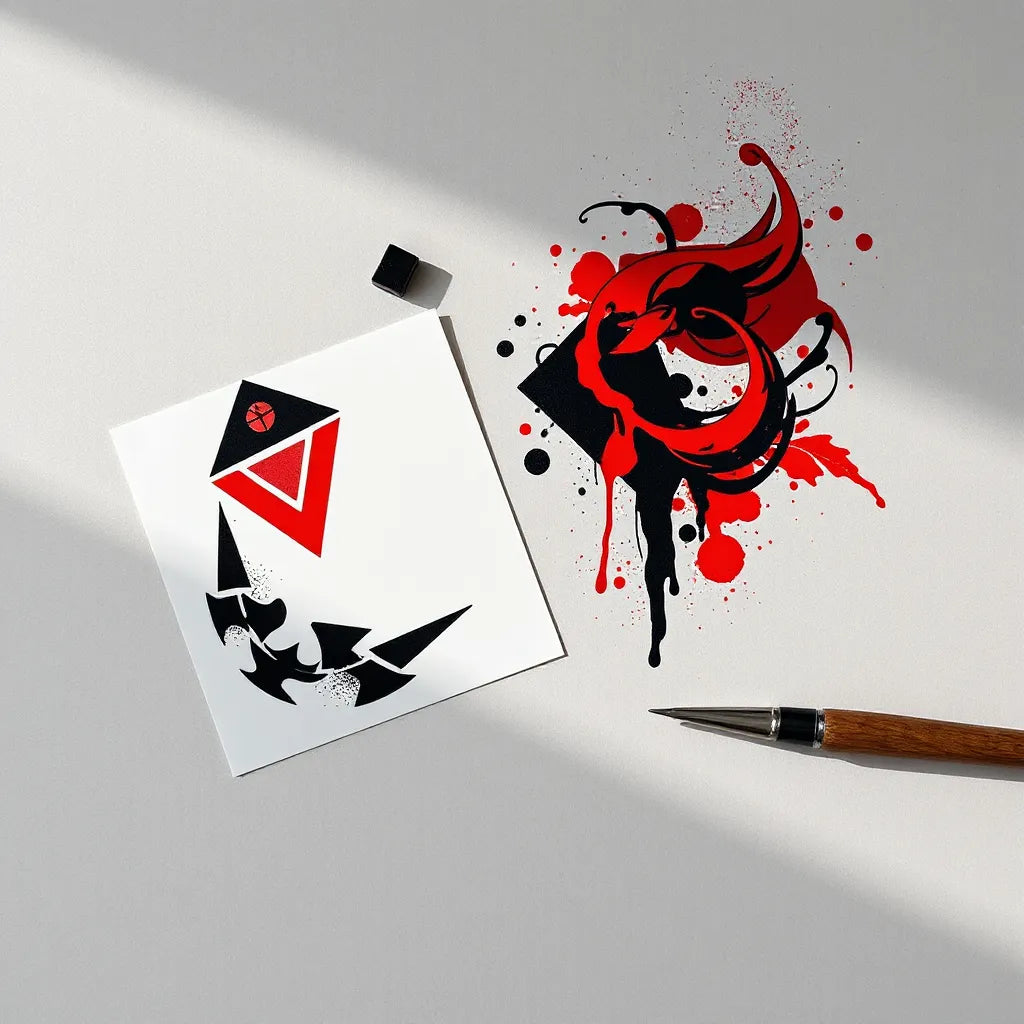 Tattoo-inspired stencil with bold black-and-red surreal graphic shapes on a clean studio surface.