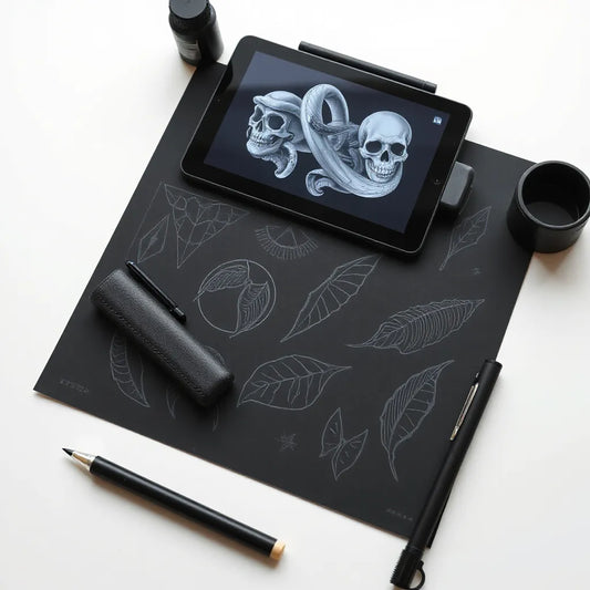 Tattoo stencil and stylus beside a tablet showing surreal AI art graphic tattoo designs in bold lines