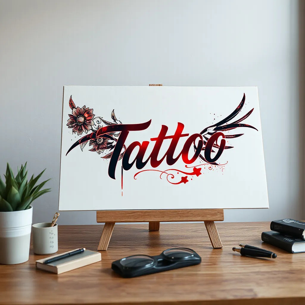 Bold tattoo graphic design on an artboard with a subtle AI art overlay glow