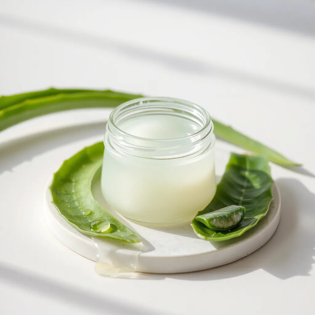 Glass jar of translucent aloe vera gel beside a fresh aloe leaf on a clean white surface.