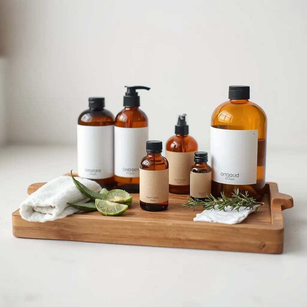 Amber glass bottles of organic hair care products with fresh rosemary and aloe on a wooden tray