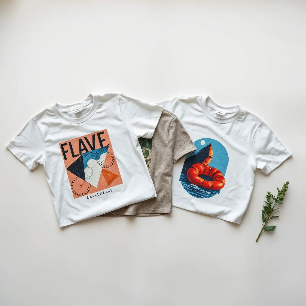 Neatly arranged creative graphic t-shirts with bold designs on a clean light background