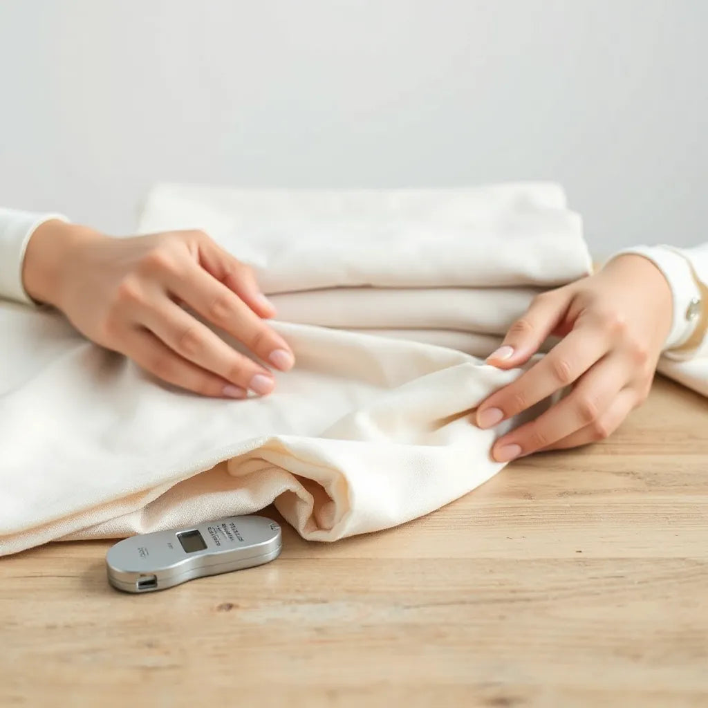 Folded 100% cotton fabric and apparel on a wooden table, showing soft textile texture under natural light