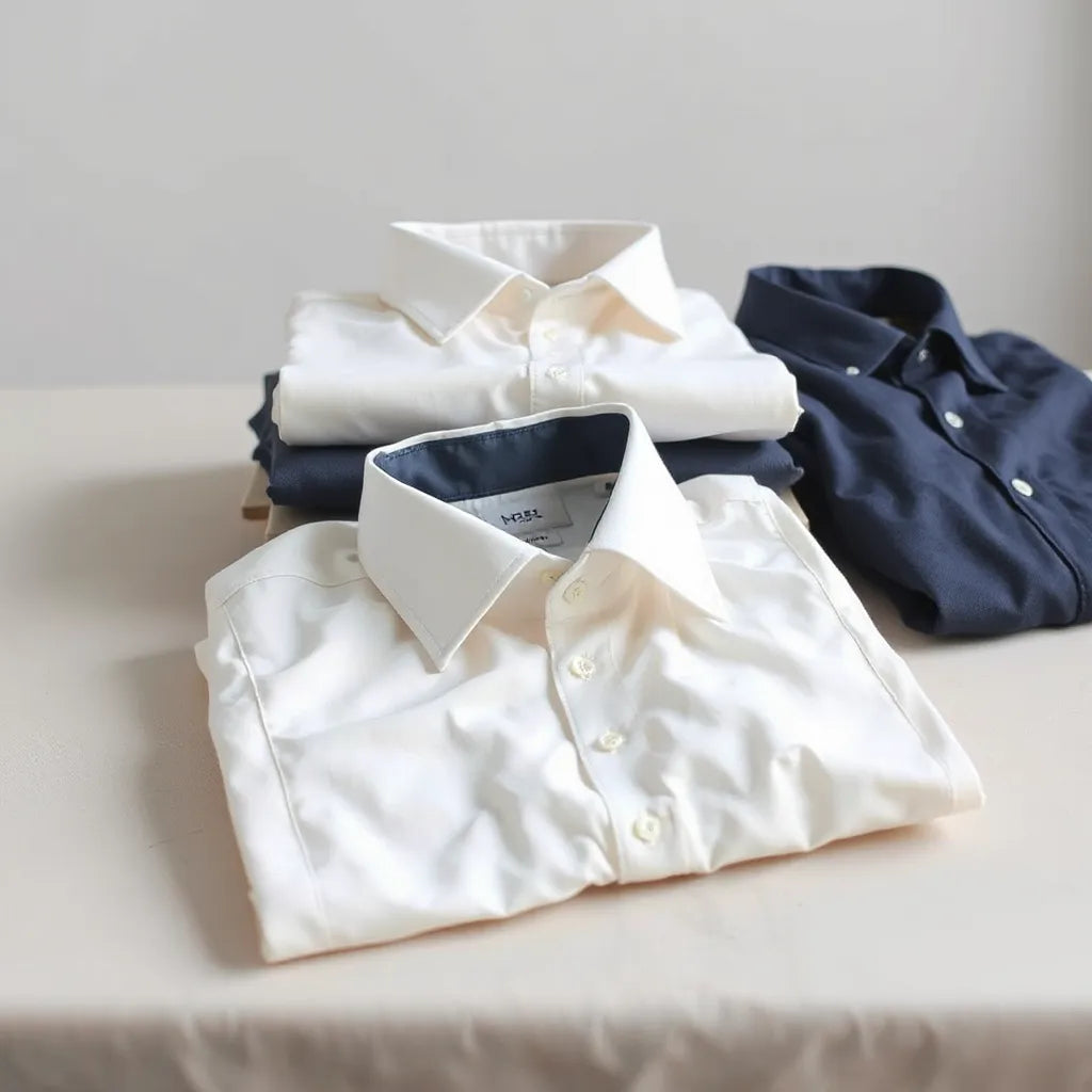 Neatly folded cotton shirts showing fabric texture, stitching, and collar details on a neutral background