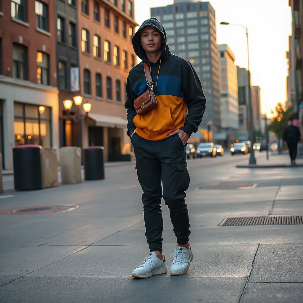 Person in bold street fashion outfit with layered hoodie, joggers, and chunky sneakers on a city sidewalk