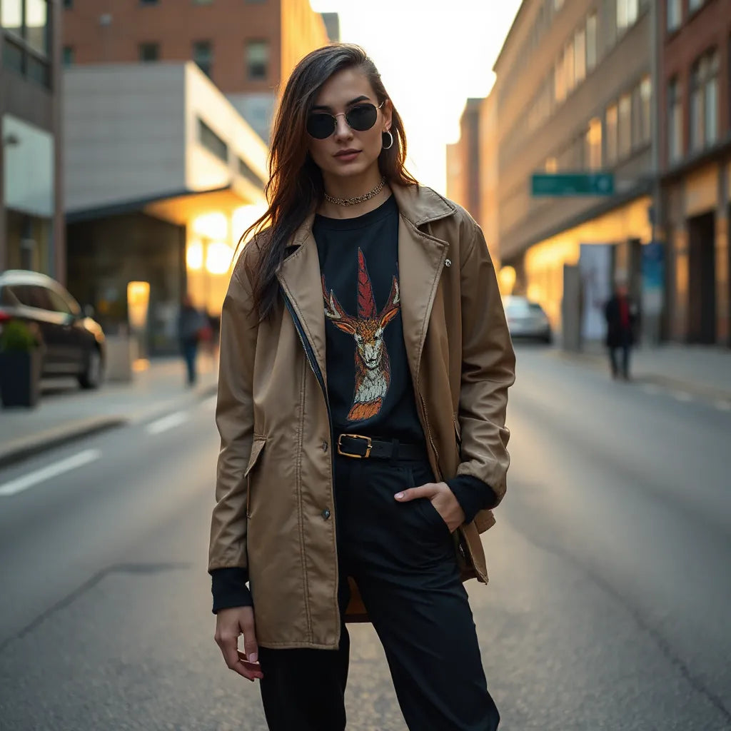 Confident model in bold daring streetwear standing on an urban street at golden hour