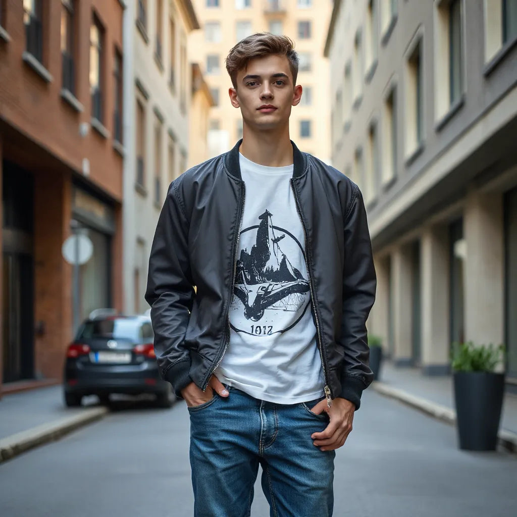 Stylish person in a graphic tee and bomber jacket creating a standout street style look