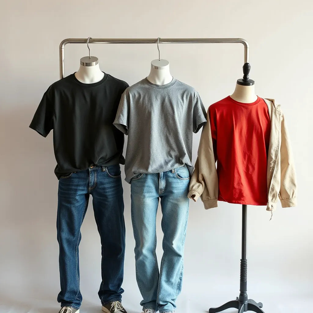 Casual streetwear scene showing bold graphic tees styled with jeans and a light jacket on mannequins