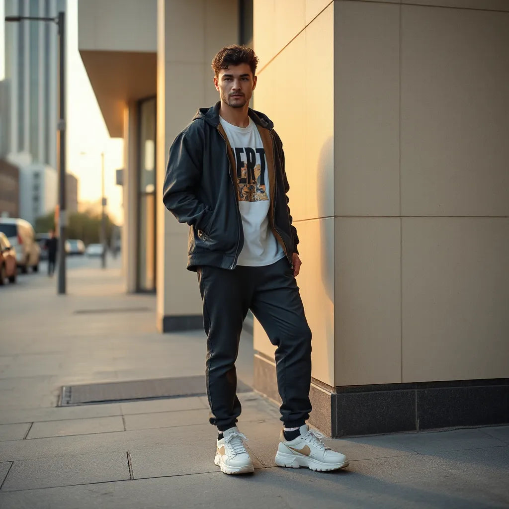Streetwear model in bold street fashion outfit with oversized jacket, graphic tee, and chunky sneakers on a city street